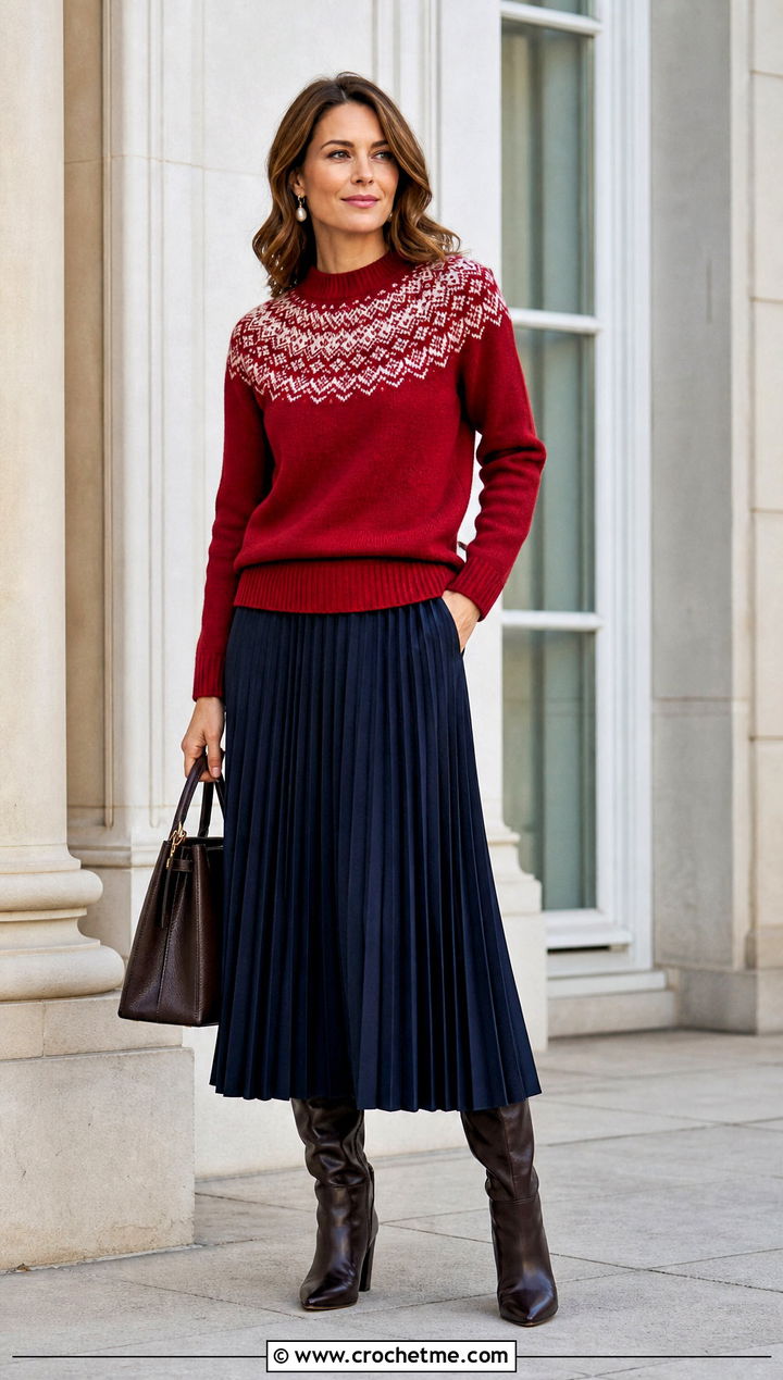 Fair Isle Knit Sweater With Pleated Midi Skirt - 30 Knit And Crochet Sweater outfit ideas