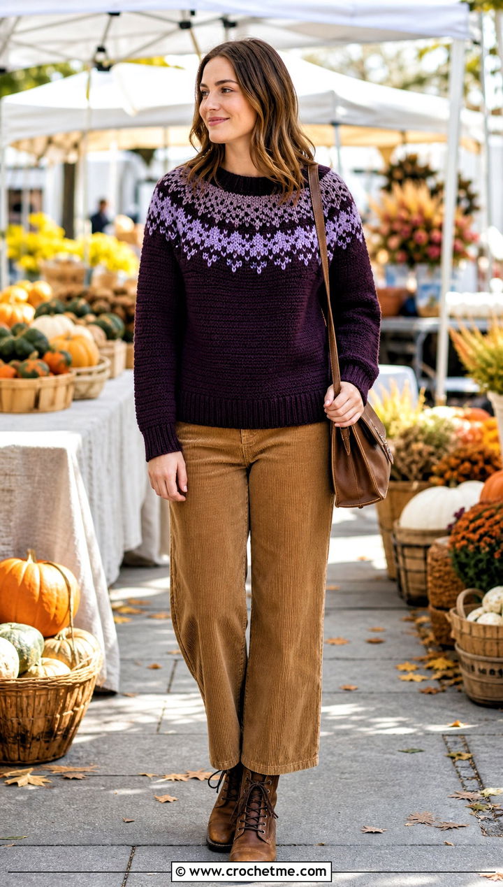 Fair Isle Look Crochet Sweater With Corduroy Pants - 30 knit look crochet sweater outfit ideas