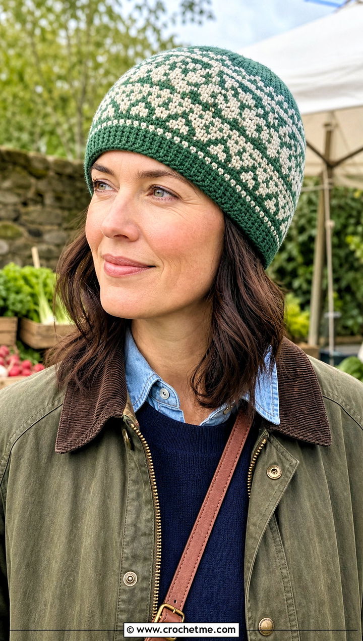 Fair Isle Mosaic Crochet Beanie With Barn Jacket - 25 Mosaic Crochet Beanie outfit ideas