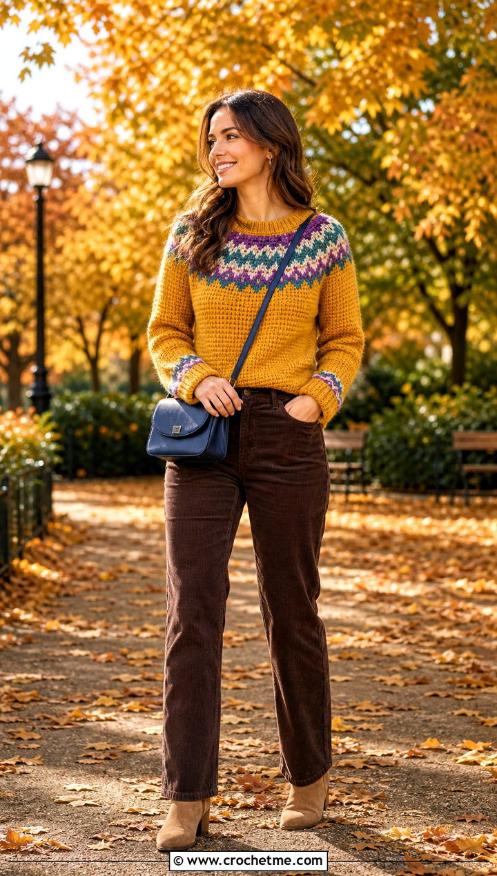 Fair Isle Seamless Crochet Sweater With Corduroy Pants - 25 Seamless Crochet Sweater outfit ideas