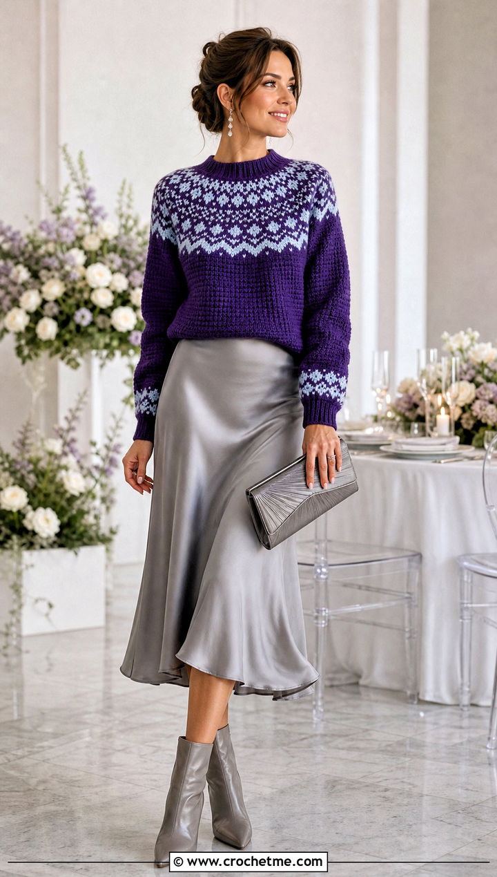 Fair Isle Style Nordic Crochet Sweater With Satin Skirt - 25 nordic crochet sweater outfit ideas