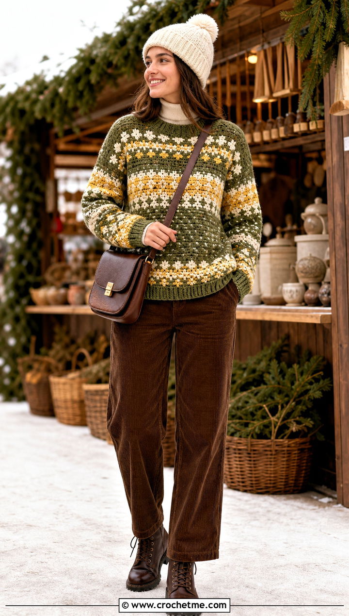 Fair Isle Tapestry Crochet Jumper With Corduroy Pants - 30 Tapestry Crochet Jumper outfit ideas