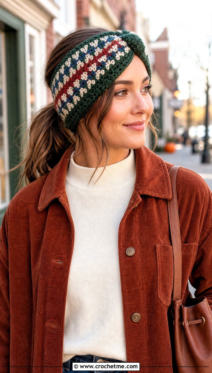 Fair Isle Twist Ear Warmer With Corduroy Jacket - 25 Crochet Twist Ear Warmer outfit ideas