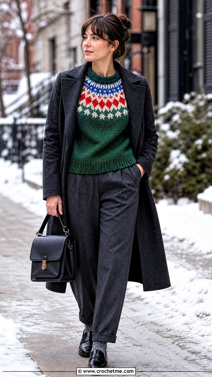 Fair Isle Yoke Top Down Crochet Sweater With Wool Trousers - 35 top down crochet sweater outfit ideas