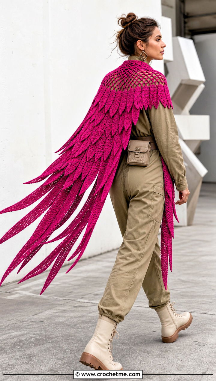Falcon Wing Shawl With Utility Jumpsuit - 30 Crochet Wing Shawl outfit ideas
