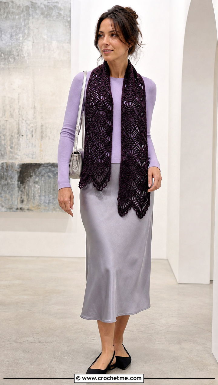 Fan Lace Crochet Scarf With Satin Skirt And Knit Top - 15 Easy Lace Crochet Scarf outfit ideas