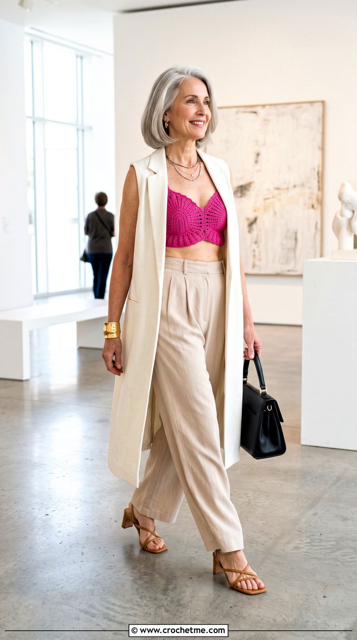 Fan Shell Bra With Pleated Trousers - 30 crochet shell bra outfit ideas