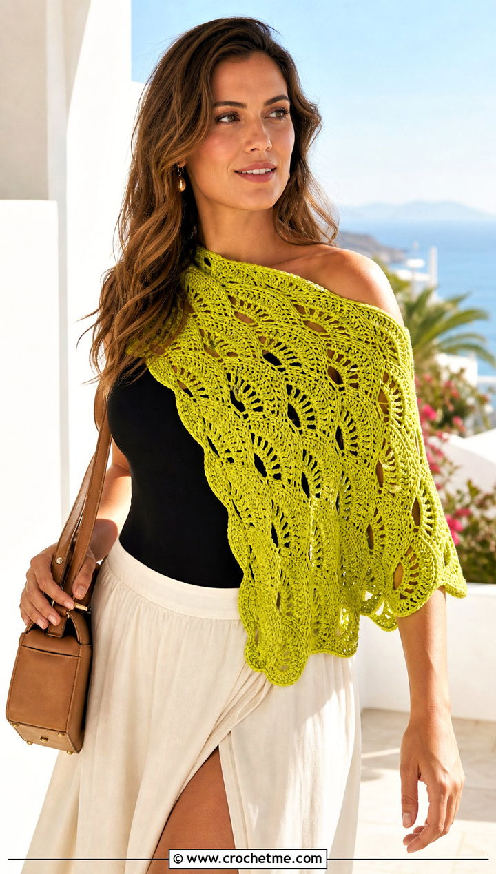 Fan Stitch Asymmetrical Crochet Shawl With Maxi Skirt And Bodysuit - 30 asymmetrical crochet shawl outfit ideas