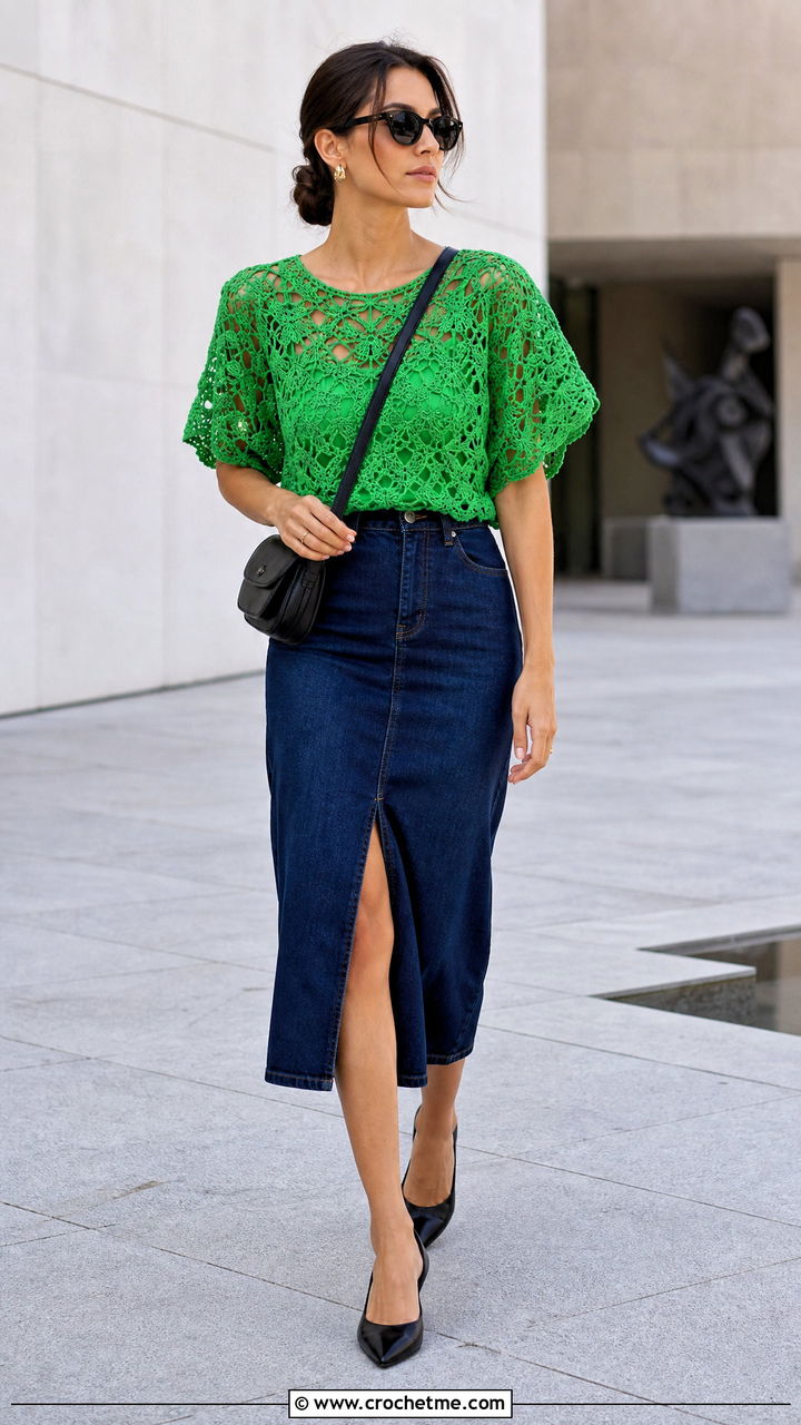 Fan Stitch Butterfly Sleeve Crochet Top With Denim Midi Skirt - 35 crochet filipiniana top outfit ideas