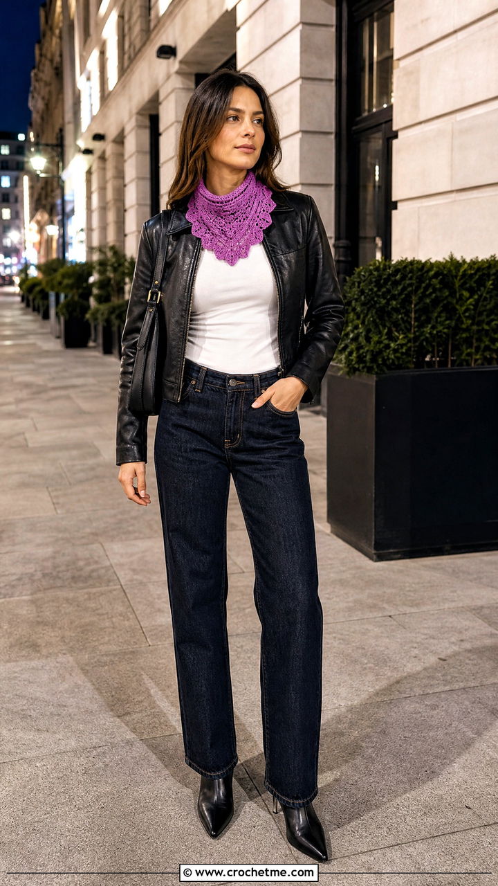 Fan Stitch Crochet Bandana Scarf With Leather Jacket - 35 crochet bandana scarf outfit ideas