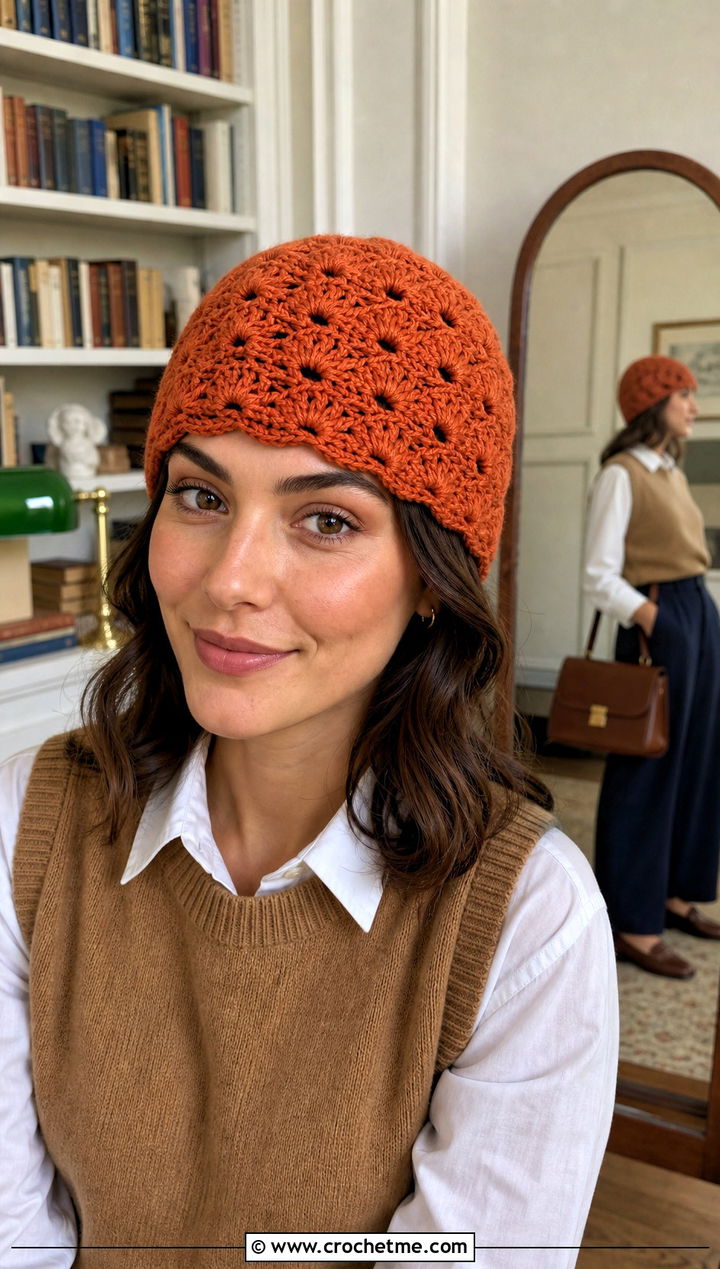 Fan Stitch Crochet Beanie With Sweater Vest And Wide Leg Pants - 30 crochet lace beanie outfit ideas