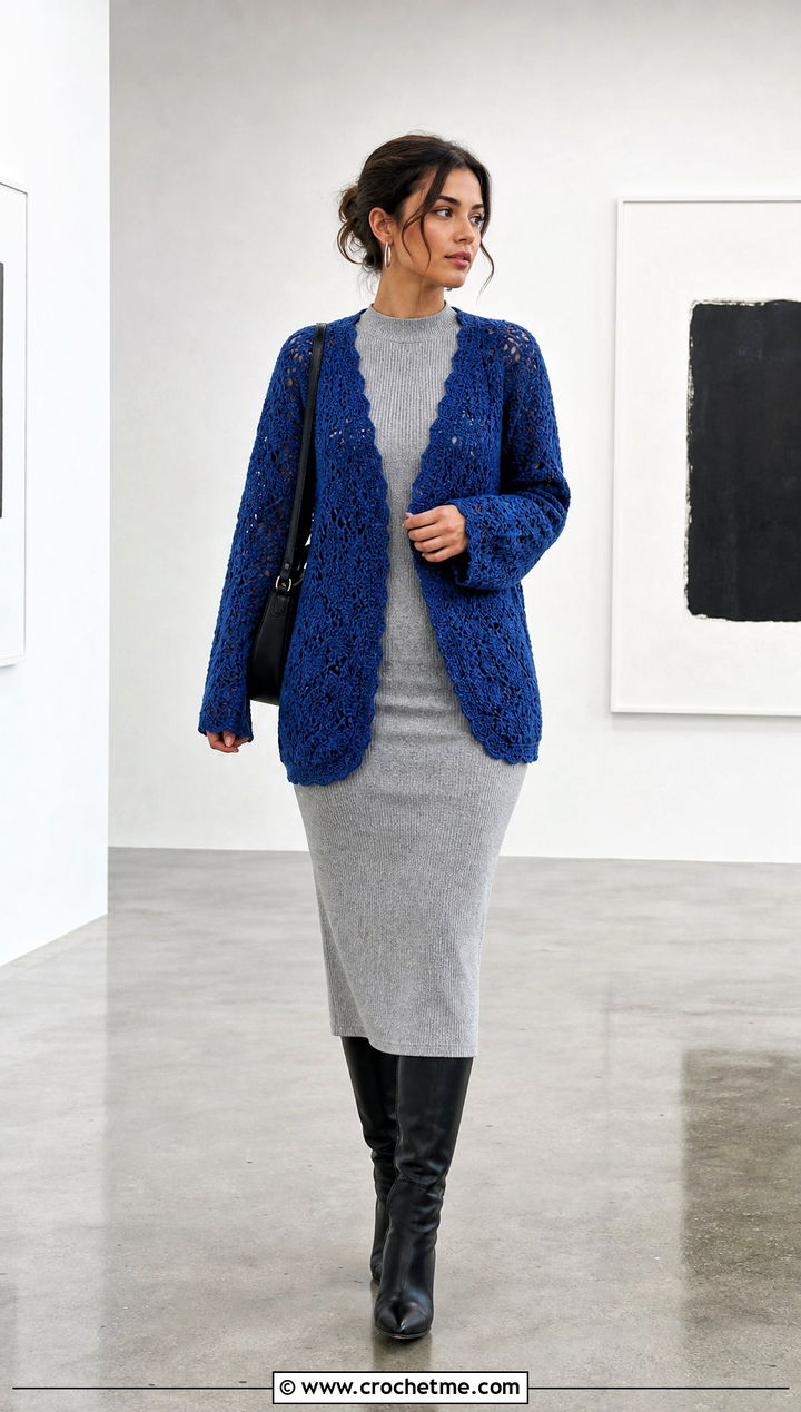 Fan Stitch Crochet Cardigan With Knit Midi Dress - 25 Lacy Crochet Cardigan outfit ideas