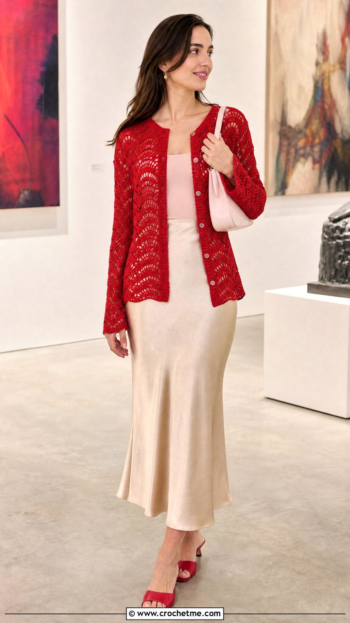 Fan Stitch Crochet Cardigan With Slip Skirt - 35 crochet summer cardigan outfit ideas