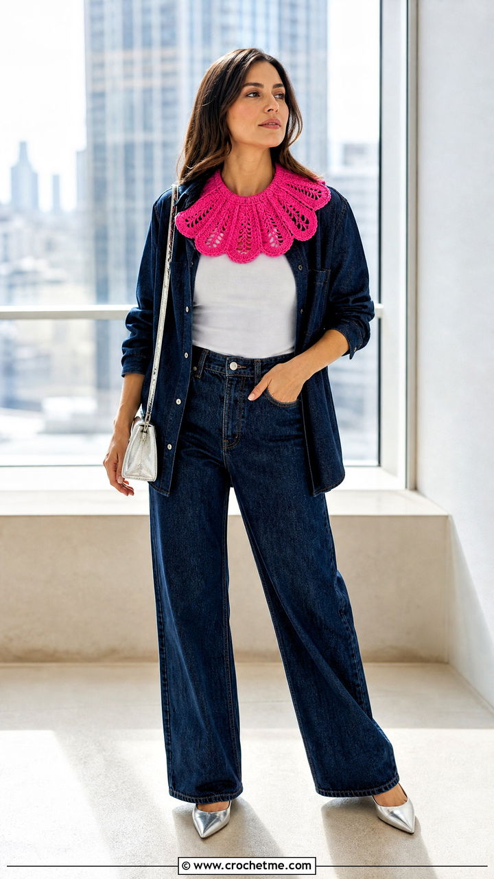 Fan Stitch Crochet Clown Collar With Matching Denim Set - 35 crochet clown collar outfit ideas