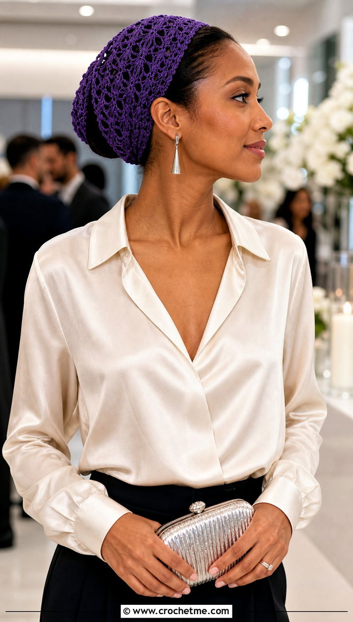 Fan Stitch Crochet Hair Wrap With Satin Evening Outfit - 30 crochet hair wraps outfit ideas