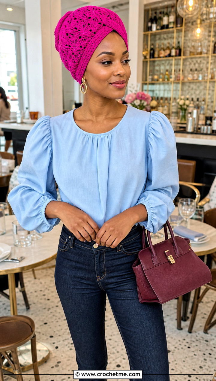 Fan Stitch Crochet Headwrap With Puff Sleeve Blouse - 35 crochet headwrap outfit ideas