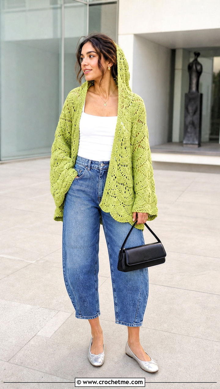 Fan Stitch Crochet Hooded Shawl With Barrel Jeans - 35 crochet hooded shawl outfit ideas