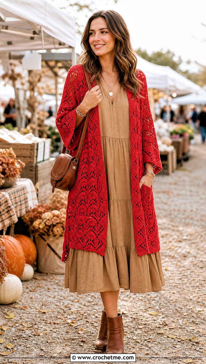 Fan Stitch Crochet Kimono With Tiered Dress And Ankle Boots - 30 Boho Crochet Kimono outfit ideas