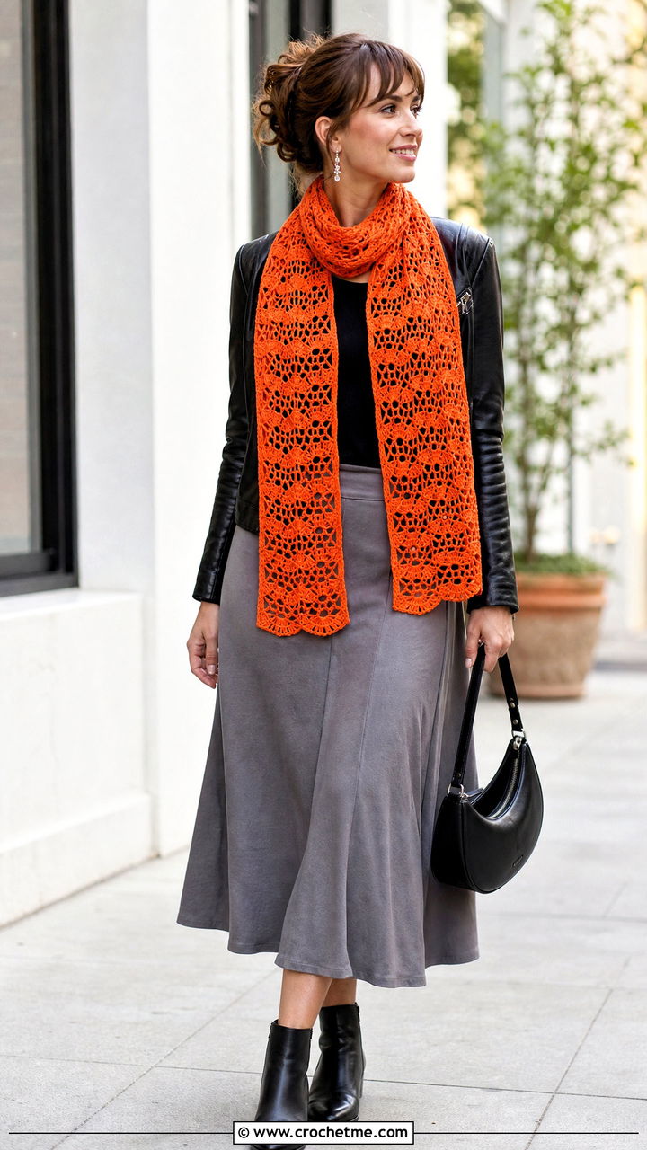 Fan Stitch Crochet Lace Scarf With Leather Jacket And Midi Skirt - 35 crochet lace scarf outfit ideas