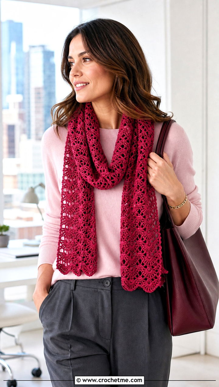 Fan Stitch Crochet Lace Scarf With Sweater And Pleated Pants - 30 easy crochet lace scarf outfit ideas