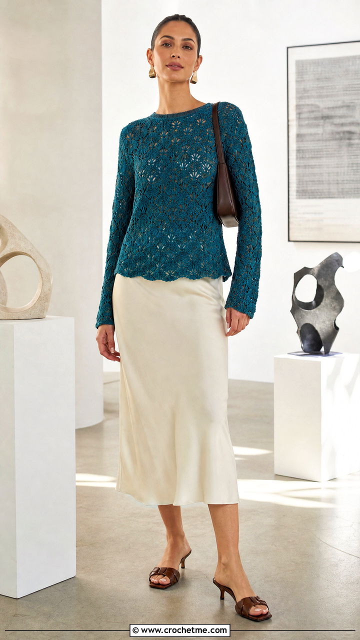 Fan Stitch Crochet Lace Sweater With Bias Cut Skirt - 35 crochet lace sweater outfit ideas
