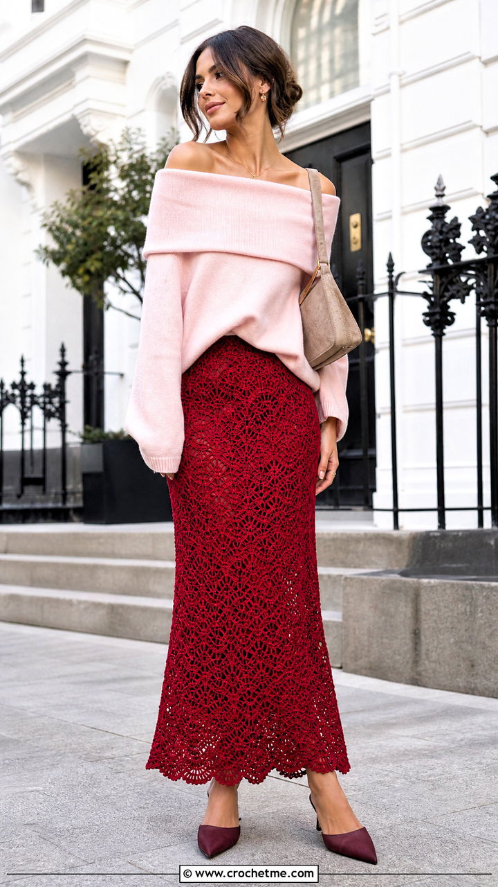 Fan Stitch Crochet Maxi Skirt With Off Shoulder Sweater - 35 crochet maxi skirt outfit ideas