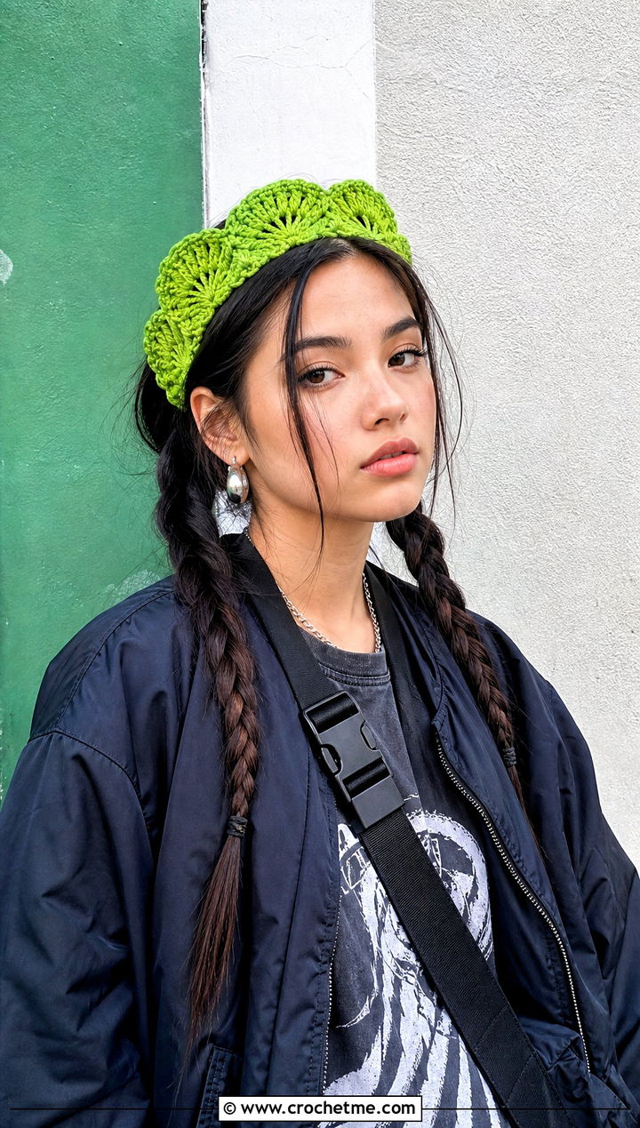 Fan Stitch Crochet Mermaid Headband With Cargo Pants - 20 Crochet Mermaid Headband outfit ideas