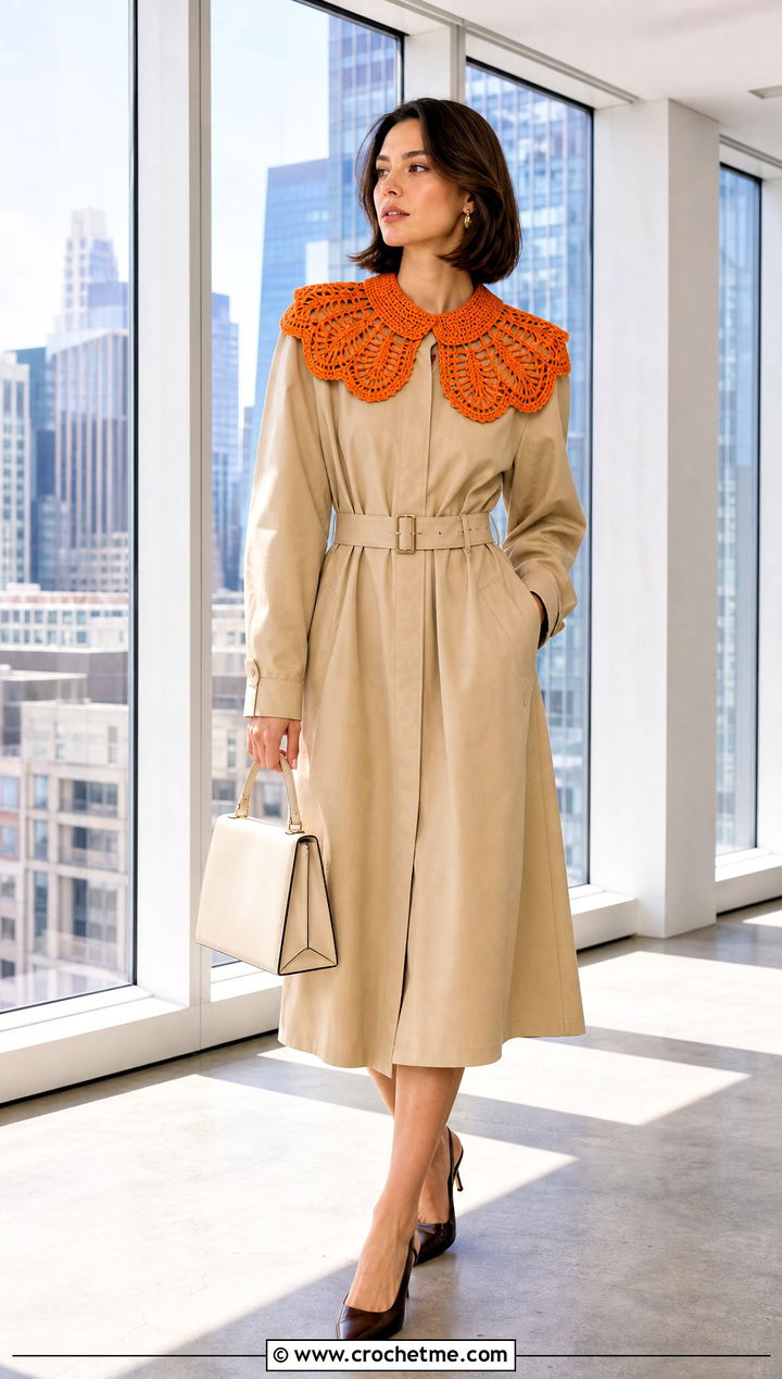 Fan Stitch Crochet Peter Pan Collar With Trench Dress And Slingbacks - 35 crochet peter pan collar outfit ideas