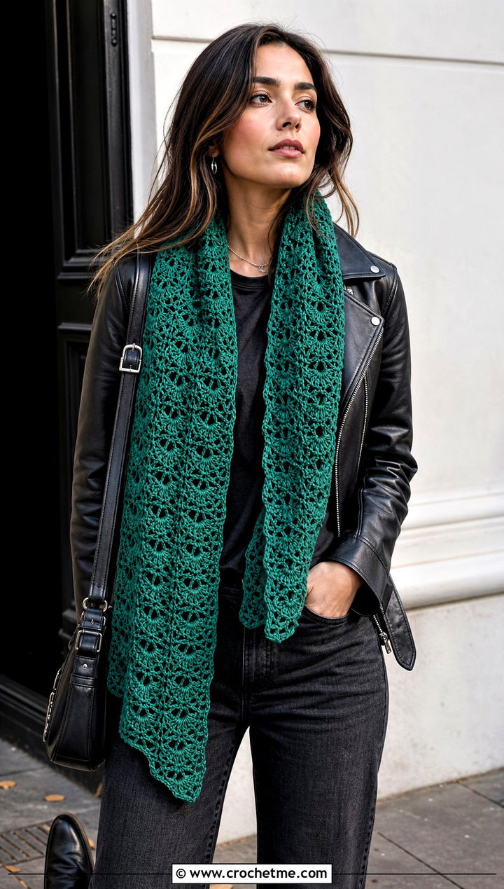 Fan Stitch Crochet Scarf With Leather Jacket And Black Jeans - 15 Lacy Green Crochet Scarf outfit ideas