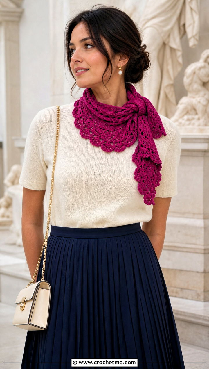Fan Stitch Crochet Scarf With Pleated Skirt - 15 Light Weight Crochet Scarf outfit ideas