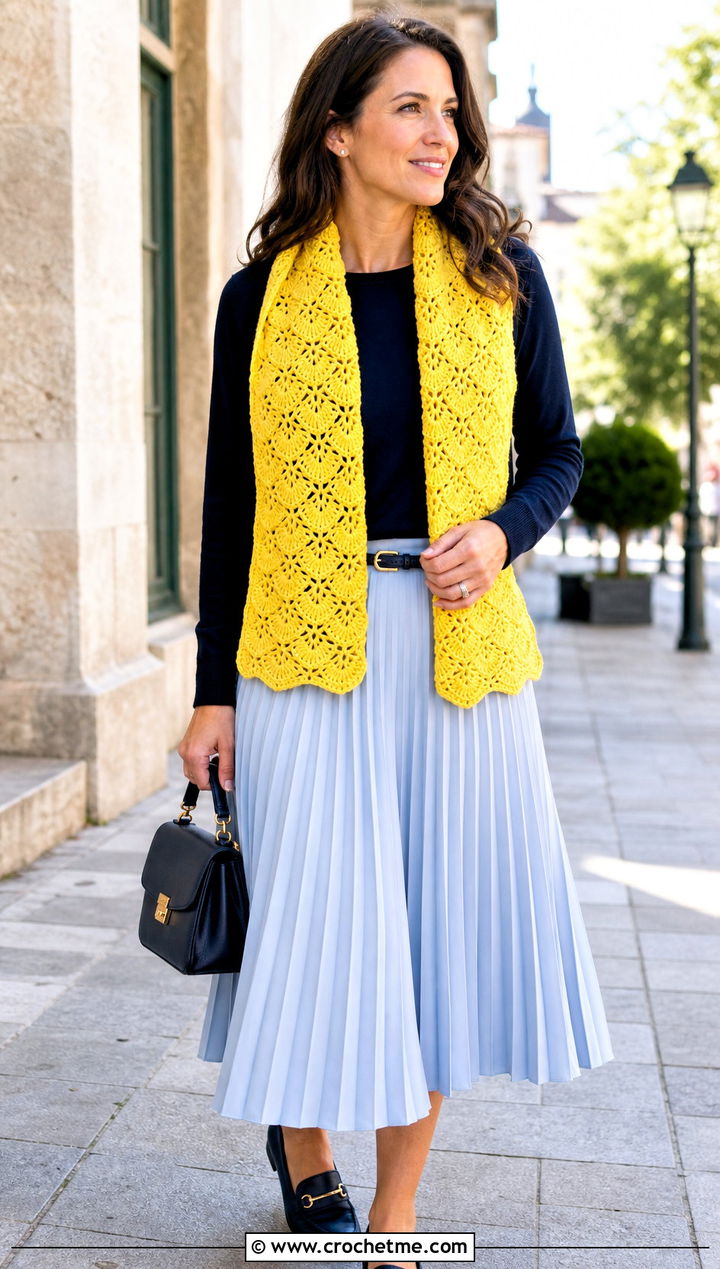 Fan Stitch Crochet Scarf With Pleated Skirt - 15 Lacy Crochet Scarf outfit ideas