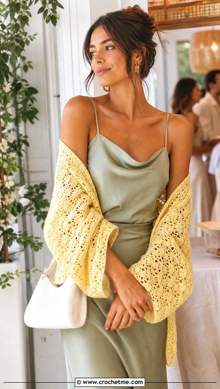 Fan Stitch Crochet Shawl With Satin Midi Skirt - 20 Light Weight Crochet Shawl outfit ideas