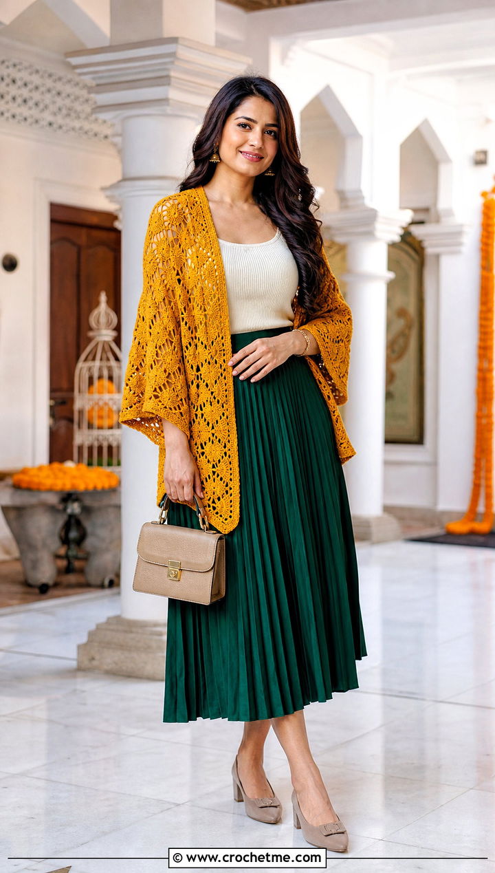Fan Stitch Crochet Shawl With Sleeves And Pleated Midi Skirt - 35 crochet shawl with sleeves outfit ideas