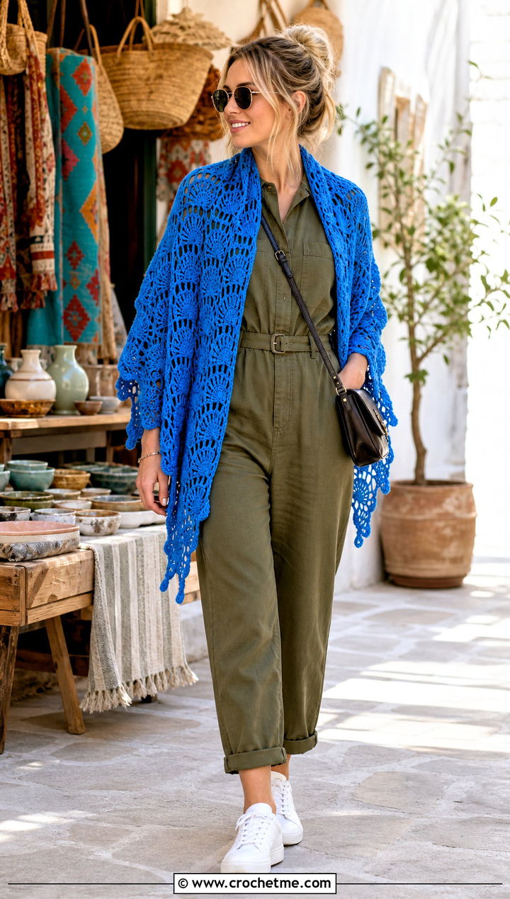 Fan Stitch Crochet Shawl With Utility Jumpsuit - 25 Stevie Nicks Crochet Shawl outfit ideas