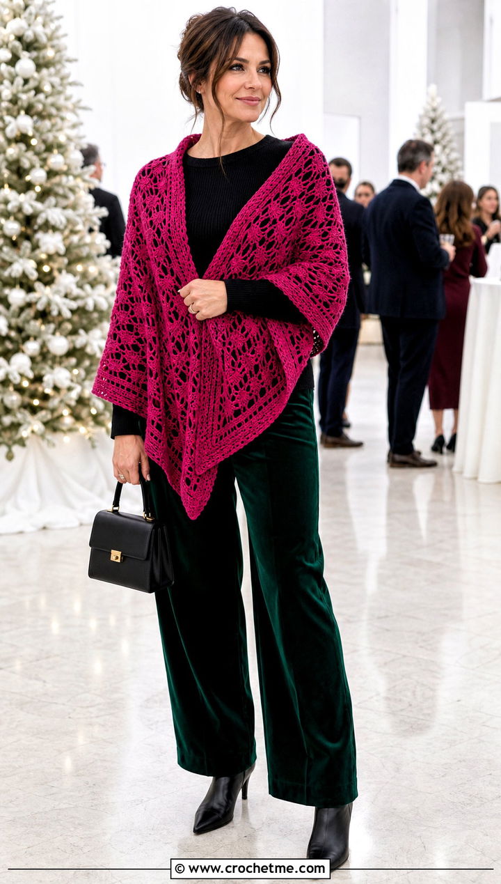 Fan Stitch Crochet Shawl With Velvet Pants - 30 winter crochet shawl outfit ideas