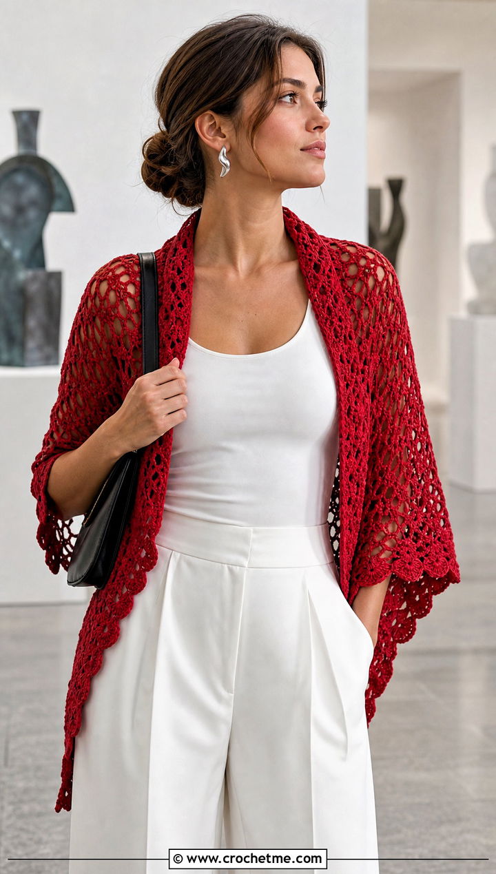 Fan Stitch Crochet Shawl With Wide Leg Pants - 25 Simple Crochet Shawl outfit ideas