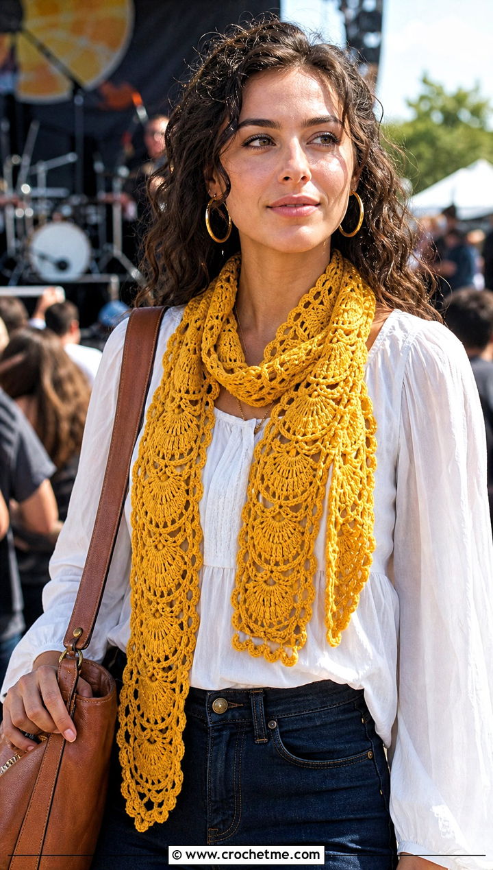 Fan Stitch Crochet Summer Scarf With Peasant Blouse And Flared Jeans - 30 crochet summer scarf outfit ideas