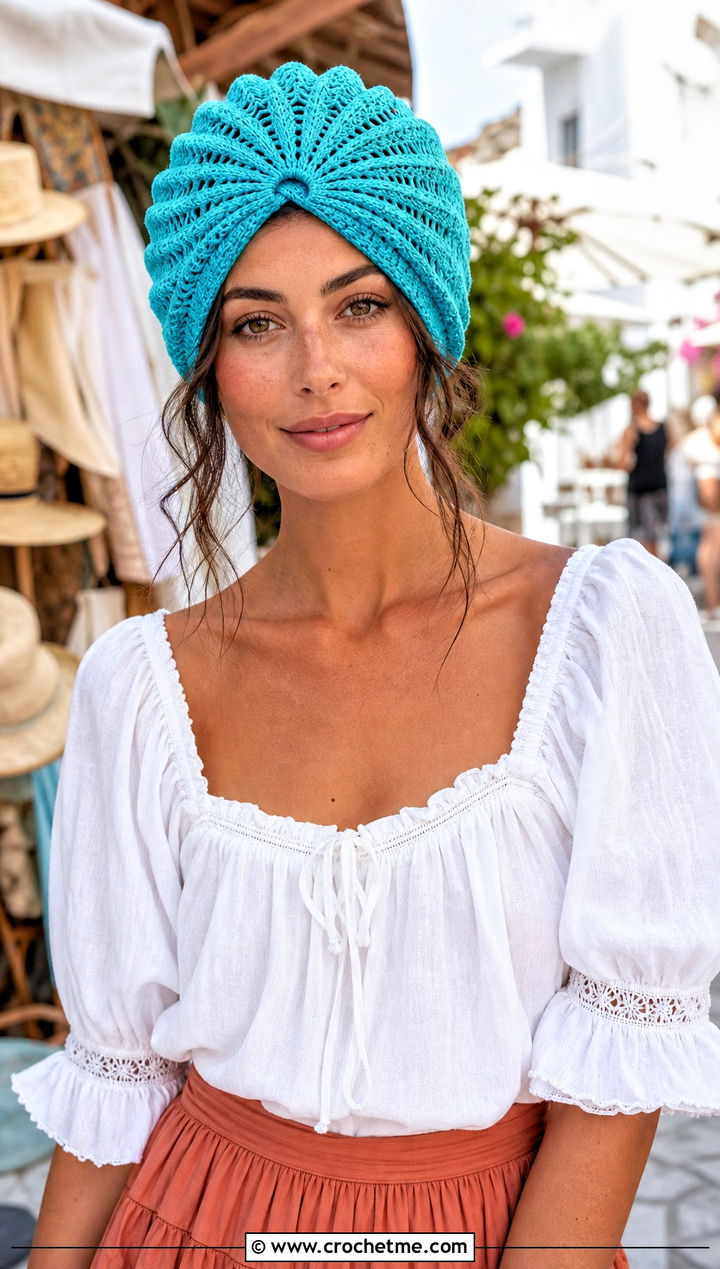 Fan Stitch Crochet Turban Hat With Peasant Blouse And Tiered Skirt - 35 crochet turban hat outfit ideas