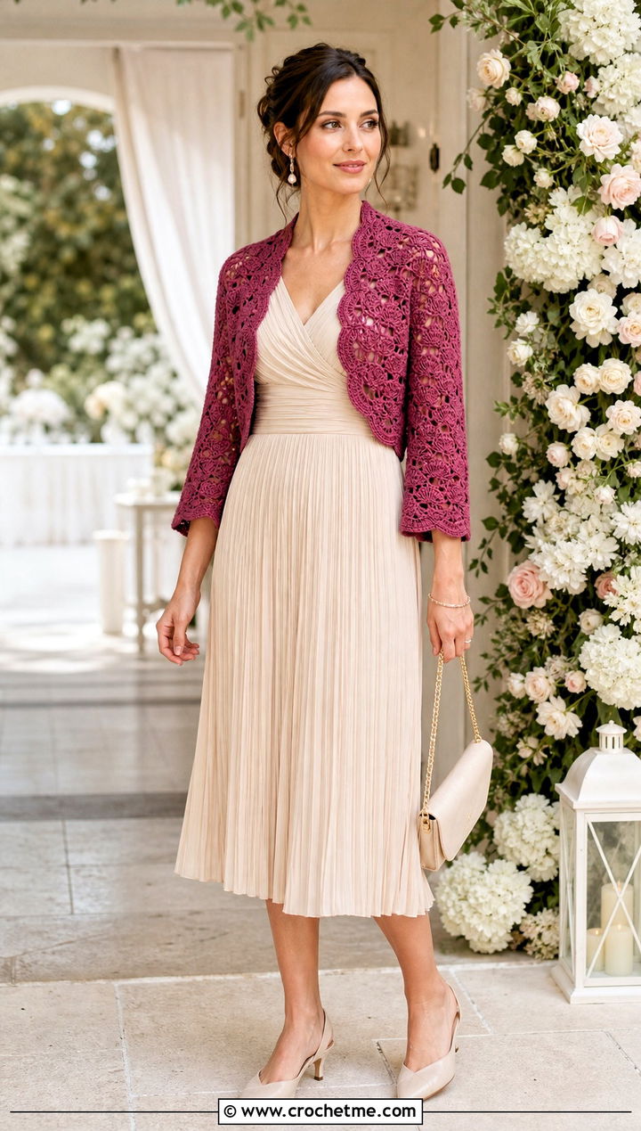Fan Stitch Crochet Wedding Bolero With Pleated Midi Dress - 25 Crochet Wedding Bolero outfit ideas