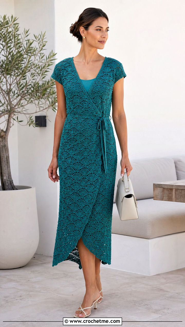 Fan Stitch Crochet Wrap Dress With Kitten Heels - 15 lacy crochet dress design outfit ideas