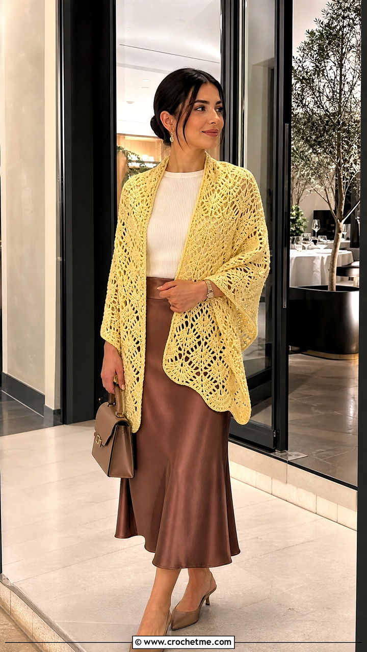 Fan Stitch Crochet Wrap With Satin Skirt - 35 Crocheted Shawls And Wraps outfit ideas