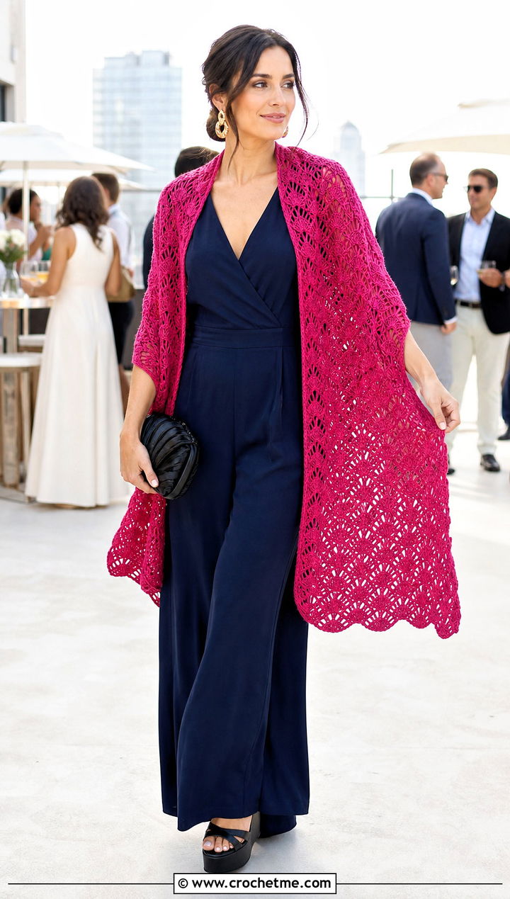 Fan Stitch Crochet Wrap With Wide Leg Jumpsuit - 30 crochet shawl wraps outfit ideas