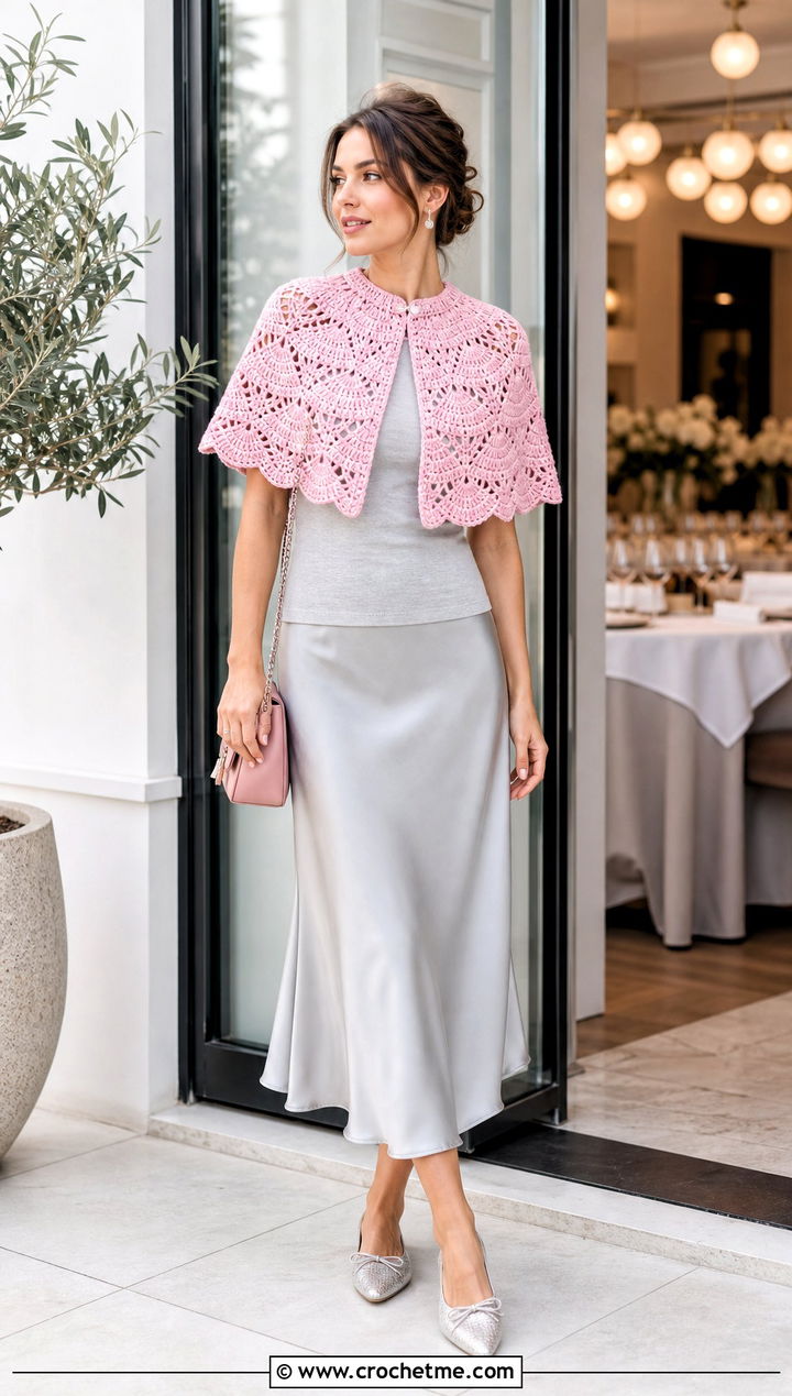 Fan Stitch Crocheted Capelet With Bias Cut Skirt - 25 Crocheted Capelet outfit ideas