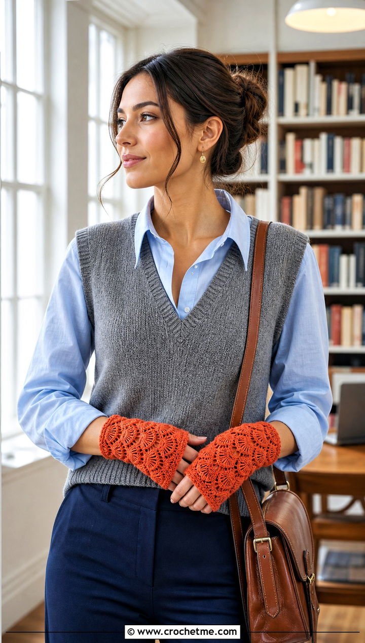 Fan Stitch Fingerless Gloves With A Sweater Vest - 25 Vintage Crochet Gloves outfit ideas