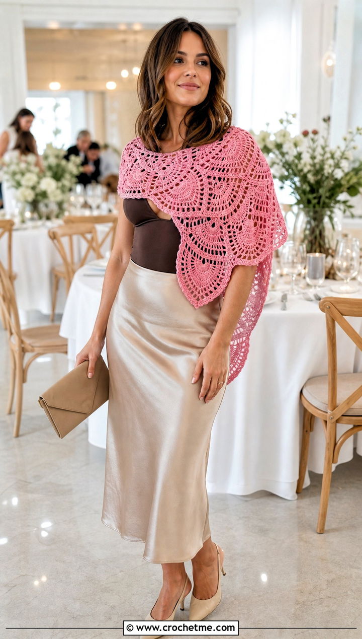 Fan Stitch Half Moon Crochet Shawl With Satin Skirt And Bodysuit - 25 Half Moon Crochet Shawl outfit ideas