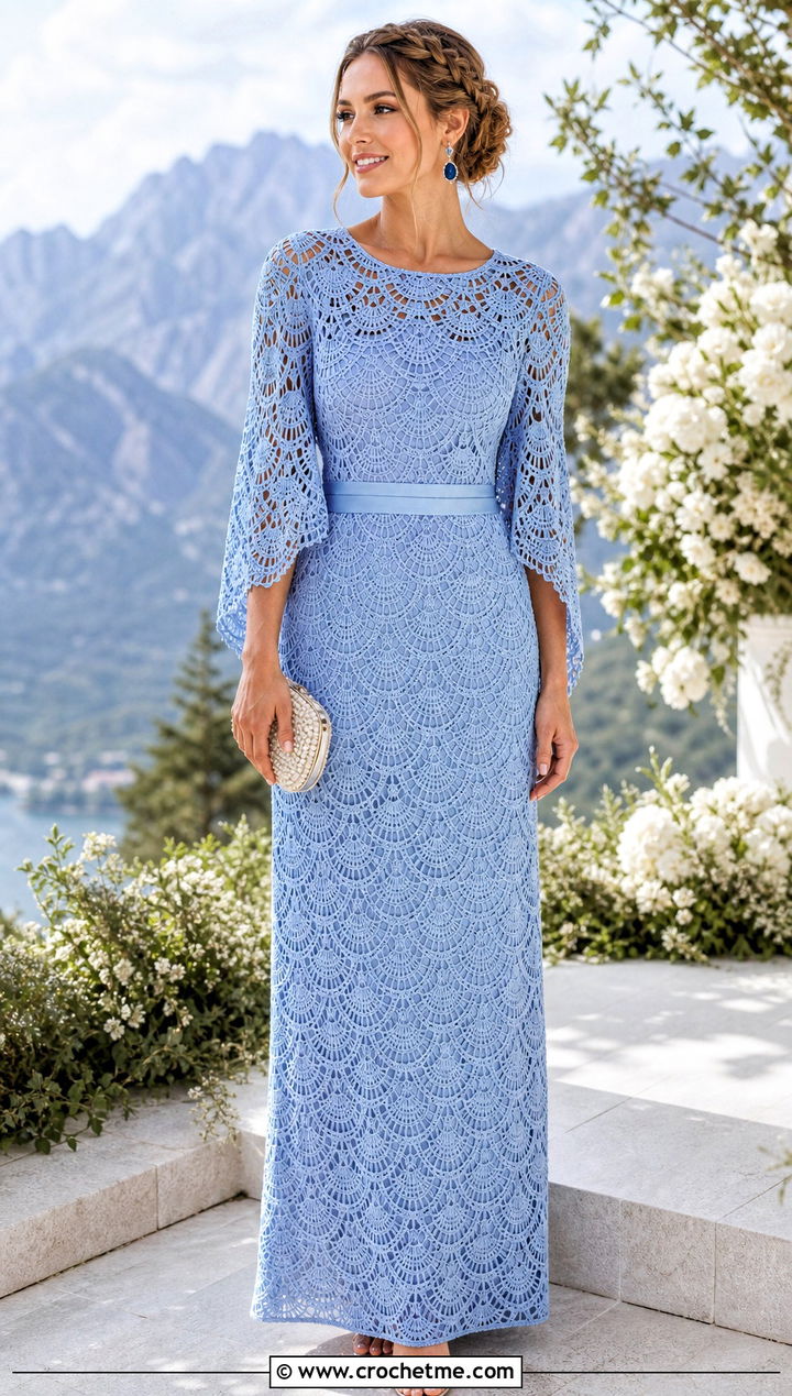 Fan Stitch Hand Crochet Cape Sleeve Wedding Dress - 15 Hand Crochet Wedding Dress outfit ideas
