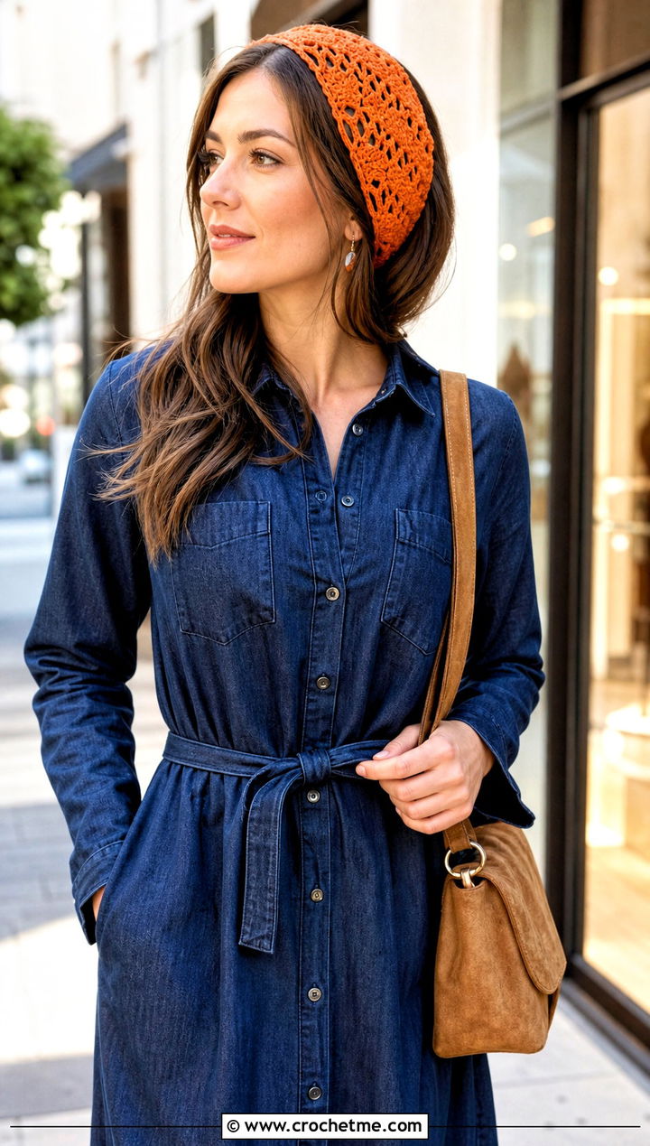 Fan Stitch Lace Crochet Headband With Denim Dress And Boots - 30 lace crochet headband outfit ideas