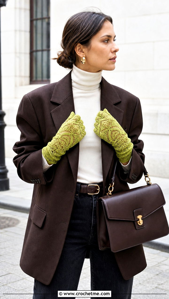 Fan Stitch Lace Gloves With Blazer And Jeans - 20 Crochet Lace Hand Warmers outfit ideas