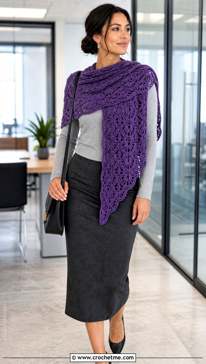 Fan Stitch Lace Shawl With Pencil Skirt - 25 Lacey Crochet Shawls outfit ideas