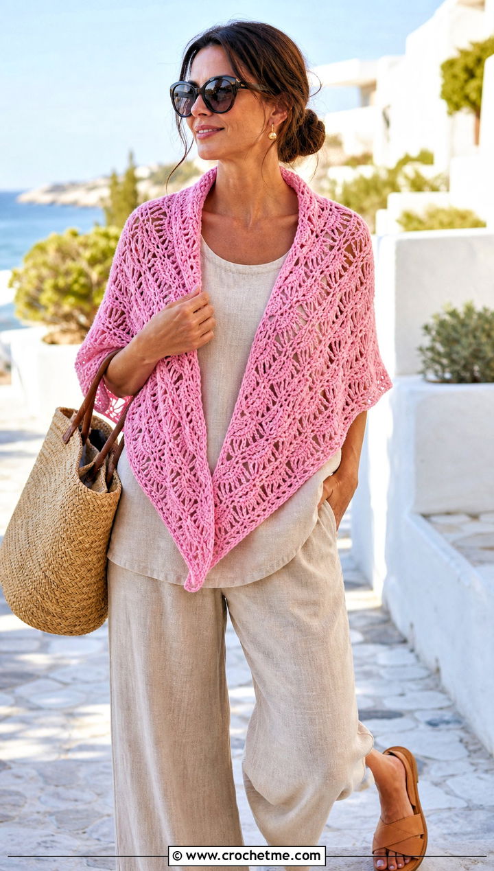 Fan Stitch Lace Triangle Shawl With A Linen Set - 20 Crochet Lace Triangle Shawl outfit ideas